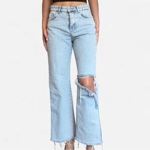 Zara Light Blue Wide-Leg Distressed Jeans